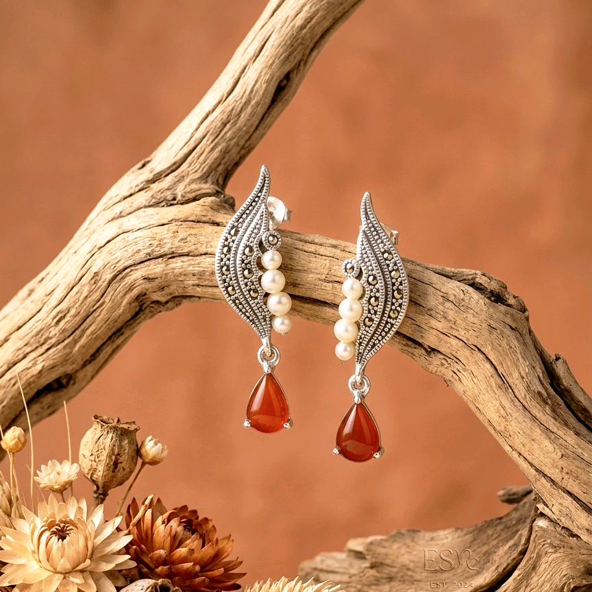 Marcasite Carnelian Pearl Drop Earrings